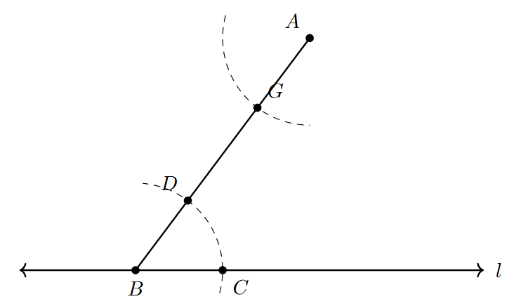 Step 3: Drawing a Corresponding Arc at A Step 3: An arc of the same radius is drawn with center A, intersecting AB at G.